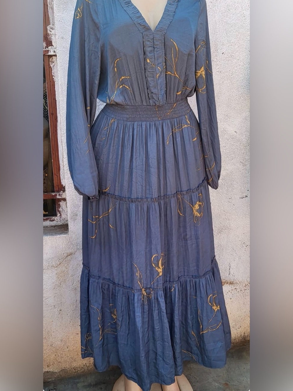 Downeast Blue Tiered Maxi Skirt with Gold Floral Accents